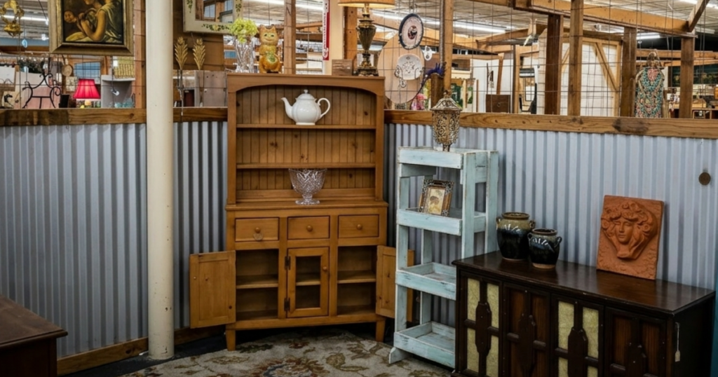 Antique mall booth display with very little inventory showing empty shelves and sparse merchandise