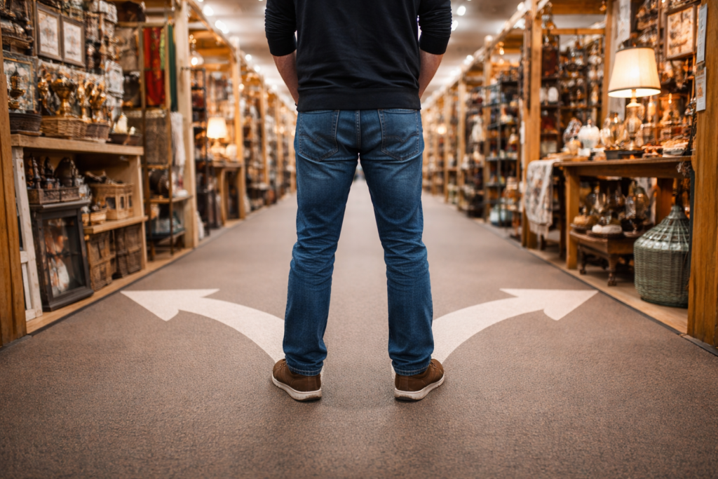 Antique mall vendor looking down two aisles representing the decision of choosing the right antique mall for a booth
