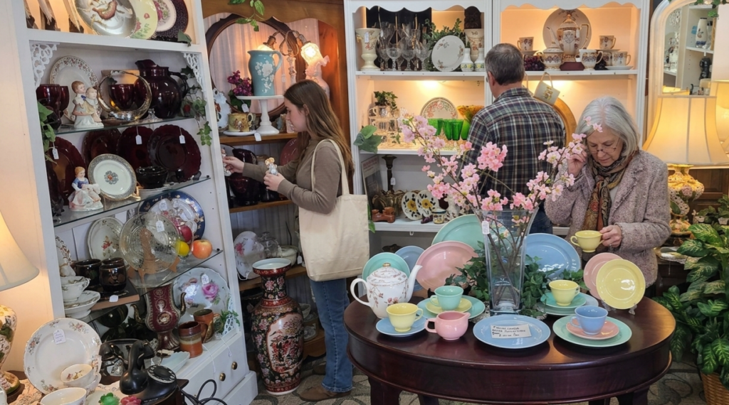 Shoppers browsing vintage dishes and collectibles inside an antique mall booth