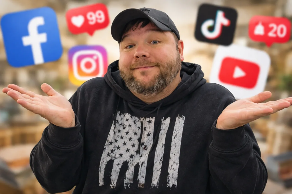 Antique mall vendor shrugging while surrounded by social media icons, representing confusion from conflicting advice about running a booth
