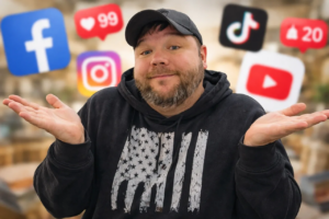 Antique mall vendor shrugging while surrounded by social media icons, representing confusion from conflicting advice about running a booth