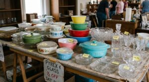 Vintage Pyrex bowls and glassware displayed for sale as antique booth inventory